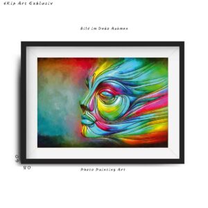 Abstrakte Farbexplosion – Surrealistisches Gesicht im Fluss der Kreativität - Bild im Rahmen / Passepartout 80/60 cm - XL (Extra Large)